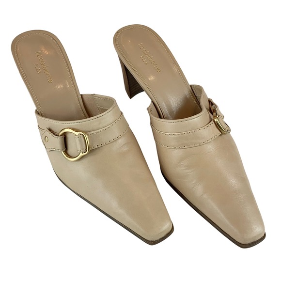Liz Claiborne Flex Beige Leather Pointed Toe Buckle Block Heel Mules Womens 10M - Picture 4 of 8